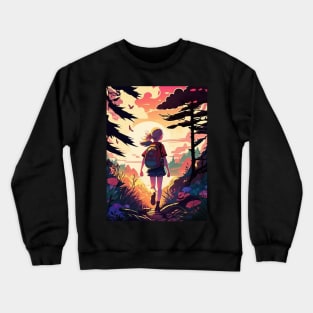 Girl trekking in the woods with a beautiful sunset effect Crewneck Sweatshirt